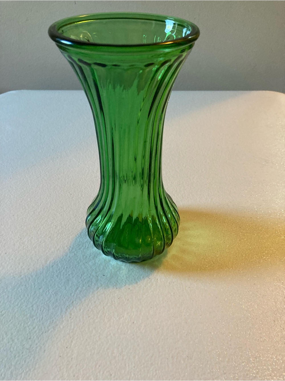 Green Glass Ribbed Hoosier Vase Textured Decorative 7.5” Tall 3.5” Diameter